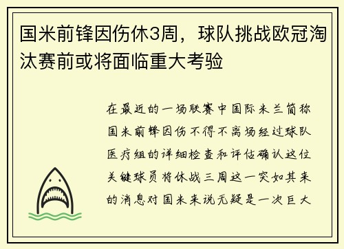 国米前锋因伤休3周，球队挑战欧冠淘汰赛前或将面临重大考验