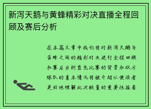 新泻天鹅与黄蜂精彩对决直播全程回顾及赛后分析