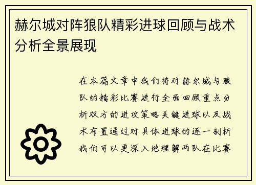 赫尔城对阵狼队精彩进球回顾与战术分析全景展现