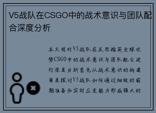 V5战队在CSGO中的战术意识与团队配合深度分析 V5战队在CSGO中的战术意识与团队配合深度分析