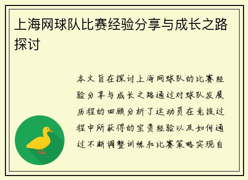 上海网球队比赛经验分享与成长之路探讨