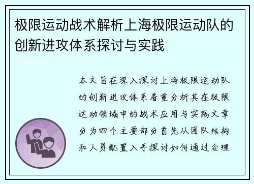 极限运动战术解析上海极限运动队的创新进攻体系探讨与实践